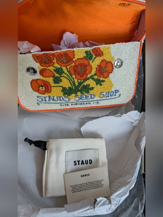 NWT STAUD TOMMY Glass Beaded Vegan Shoulder Bag - CALIFORNIA POPPY; $295 - Picture 12 of 16